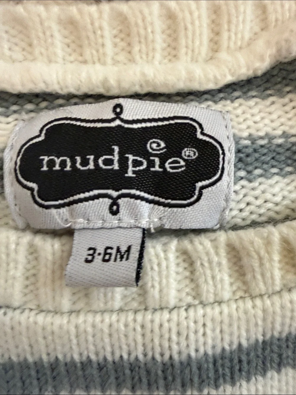 Mud Pie Cream and Teal Striped Knit One-Piece with Yellow Giraffe Applique